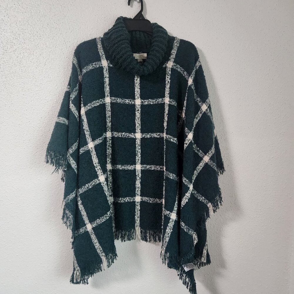 NEW Loft Turtleneck Sweater w/ Fringe Poncho Green & Beige One Size with tags